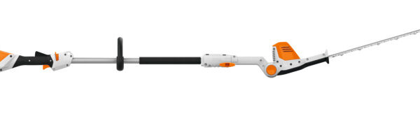 Lightweight 36V battery long-reach hedge trimmer for cutting taller hedges and shrubs in your home garden. Double-sided cutter blade in a droplet shape, variably adjusted blade angle from -45° to +90°, detachable shaft for easy transport. Carrying length: 115 cm. Total length: 210 cm.